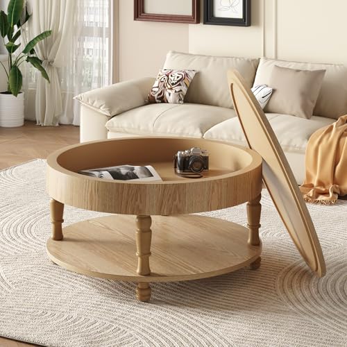 31.5" Round Coffee Table with Storage, 2 Tier Modern Center Table, Adjustable Leveling Feet, Easy Assembly, Wood Coffee Table for Living Room, Apartment, Small Space. (Natural Wood) - color: Natural-n