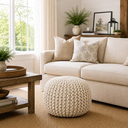 Casafield Round Pouf Ottoman, Natural - 20" Diameter x 14.5" High Cotton Knit Foot Stool - Boho Floor Pouffe for Living Room, Bedroom, Home Office - color: Natural, size: 20"D x 20"W x 14.5"H