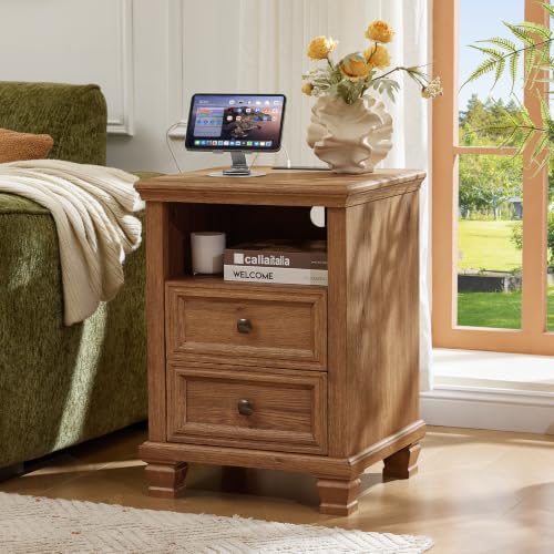 Farmhouse Nightstand with Charging Station, Brown | End Tables Bedroom with 2 Drawers, Traditional Night Stand with Open Shelf & Thickened Top & Square Wooden Legs - color: Brown, size: 18"D x 18"W x 25"H (2 Drawers)