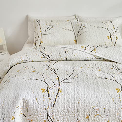 Quilt Set King Size Cream White with Black Branch Bedding Set 88x88 Soft Microfiber Lightweight Coverlet Bedspread Summer 3 Pc Bed Cover for (1 Quilt+ 2 Shams) - color: Cream, size: King(102x88)