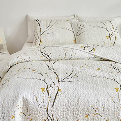 Quilt Set King Size Cream White with Black Branch Bedding Set 88x88 Soft Microfiber Lightweight Coverlet Bedspread Summer 3 Pc Bed Cover for (1 Quilt+ 2 Shams) - color: Cream, size: King(102x88)
