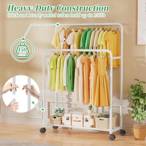 Simple Trending Clothing Clothes Rack, Double Rod Garment Rack, White | Portable Closet with Bottom Shelf, Anti-Slip Stoppers, 360° Lockable Wheels, Multiple Uses, Bedroom, Laundry Room - color: White