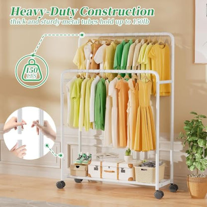 Simple Trending Clothing Clothes Rack, Double Rod Garment Rack, White | Portable Closet with Bottom Shelf, Anti-Slip Stoppers, 360° Lockable Wheels, Multiple Uses, Bedroom, Laundry Room - color: White
