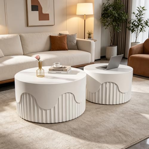 Round Nesting Coffee Table Set of 2 Modern Fluted Coffee Table | Non-Slip Pads, Stackable End Tables for Living Room, No Assembly Required, Space Saving Accent Tables for Small Spaces - color: White 26.77"dx15.35"h