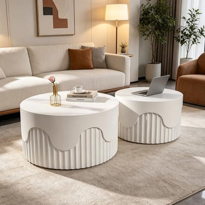 Round Nesting Coffee Table Set of 2 Modern Fluted Coffee Table | Non-Slip Pads, Stackable End Tables for Living Room, No Assembly Required, Space Saving Accent Tables for Small Spaces - color: White 26.77"dx15.35"h