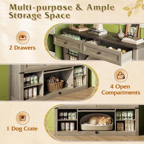 WLIVE Farmhouse TV Stand up to 65 Inch TV with 2 Storage Drawers & Open Shelves, Entertainment Center with Small Dog/Cat House, TV Cabinet for Living Room, Bedroom,Dog Crate Furniture(Grey Oak) - color: Grey Oak