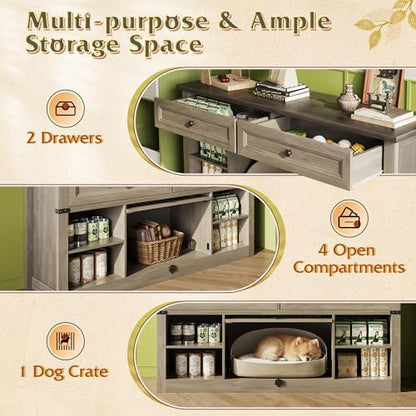 WLIVE Farmhouse TV Stand up to 65 Inch TV with 2 Storage Drawers & Open Shelves, Entertainment Center with Small Dog/Cat House, TV Cabinet for Living Room, Bedroom,Dog Crate Furniture(Grey Oak) - color: Grey Oak
