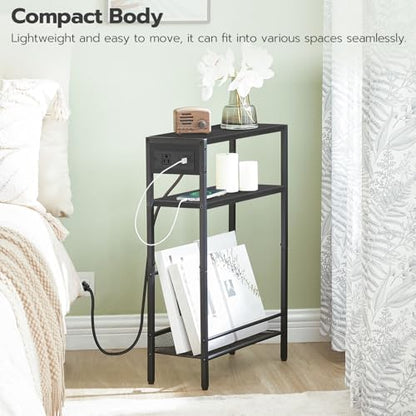 HOOBRO Small Narrow Side Table with Charging Station, Skinny End Table for Small Spaces, Slim Nightstand with USB Ports Outlet, Sofa Beside Table with Storage Shelf, Black BB102UBZ01 - color: Black