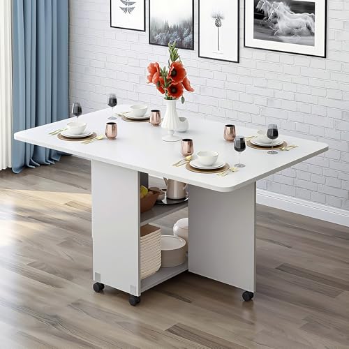 Folding Drop Leaf Dining Table with 6 Wheels & 2-Tier Storage Shelf, Space Saving Convertible Table for 2-6 People, Portable Kitchen Table or Desk for Small Apartments, White