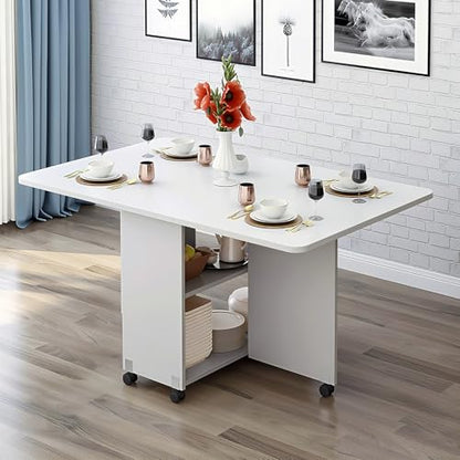 Folding Drop Leaf Dining Table with 6 Wheels & 2-Tier Storage Shelf, Space Saving Convertible Table for 2-6 People, Portable Kitchen Table or Desk for Small Apartments, White