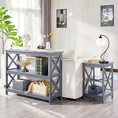 Yaheetech 42"L Console Table 3-Tier Narrow X-Frame Open Storage Shelf, Gray | Sofa Table for Entryway, Hallway and Living Room, Slim 14" Depth, Powder-Coated MDF, 88 lb Top Load, Easy Assembly - color: Grey