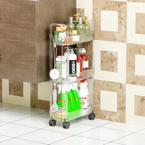3 Tier Slim Rolling Storage Cart with Wheels for Small Space,Clear Modern Design Slim Utility Cart Suitable as Bathroom Cart Organizer Shelf,Skinny Bathroom Storage Rack,Narrow Laundry Cart on Wheels