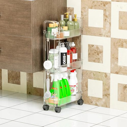 3 Tier Slim Rolling Storage Cart with Wheels for Small Space,Clear Modern Design Slim Utility Cart Suitable as Bathroom Cart Organizer Shelf,Skinny Bathroom Storage Rack,Narrow Laundry Cart on Wheels