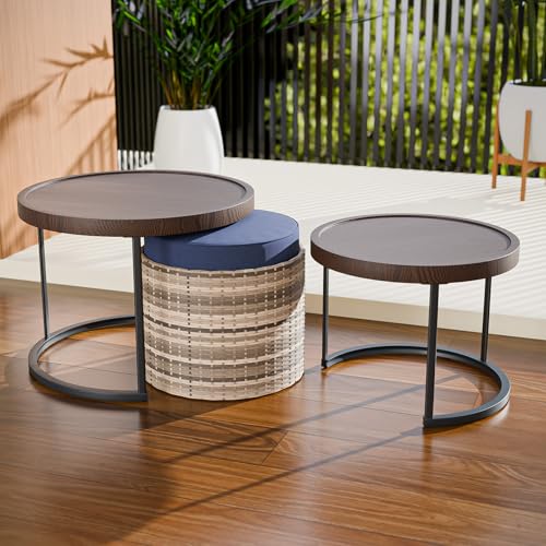 Cabana Chic Nesting Tables with Ottomans, Outdoor Round Side Table, Nesting Coffee Table Set, 2 Tables 1 Ottoman, Brown/Blue - color: Brown/Blue