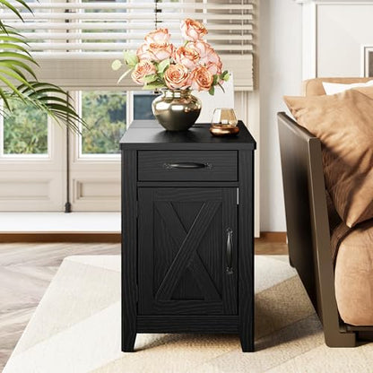 IRONCK End Table with Charging Station, Narrow Side Table, Black | Bedside table. Farmhouse nightstand with drawer, cabinet, flip-top, and cup holder, wood grain, for home - color: Black