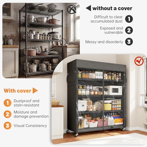 REIBII 72.8"H 5-Tier Heavy Duty Storage Shelving with Cover & Wheels,Pantry | 35''W x 16''D, Waterproof UV-resistant cover, Lockable wheels, Height adjustable, Tool-free assembly, Garage/kitchen/patio - size: 35" W x 16" D x 72.8" H