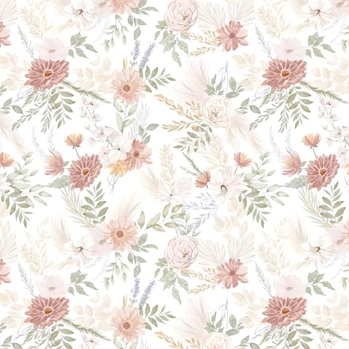 Pink Floral Peel and Stick Wallpaper Modern Beige Contact Paper 17.3''x78.7'' Boho Village Country Cottage Wallpaper Renter Friendly Girls Room Wall Paper for Bathroom Nursery Bedroom Vinyl - color: White-Pink, size: 17.3" x 78.7"