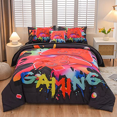 Aimuan Gaming Comforter Sets for Boys Kids Bedding Sets Video Games Console Action Buttons Novelty Colorful Game Gamepad Controller Modern Gamer Room Decor Home Quilt Set (Queen 6 Pcs,Black) - color: Black, size: Queen(6Pcs)