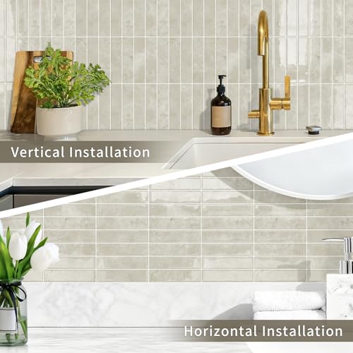 10 Sheets Upgraded Thicker Design Subway Tile Peel and Stick Backsplash | 12”×12”Self Adhesive Wall Tiles Stick on Back Splash for Kitchen,Bathroom,Camper(Beige) - color: Beige