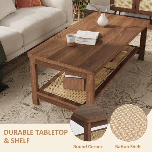 GAOMON 2-Tier Coffee Table for Living Room, Rectangular Center Table with Rattan Storage Shelf for Small Space, Easy Assembly, Walnut - color: Walnut