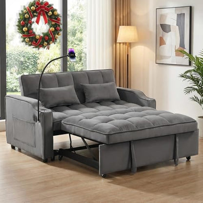 3 In 1 Velvet Convertible Sofa Bed, Pull Out Couch Bed with Reclining Backrest And 2 Pillows, 54" Full Size Loveseat Sleeper Sofa Futon Couch Bed, Couches For Small Spaces, Living Room (Dark Gray①) - color: Dark Gray①