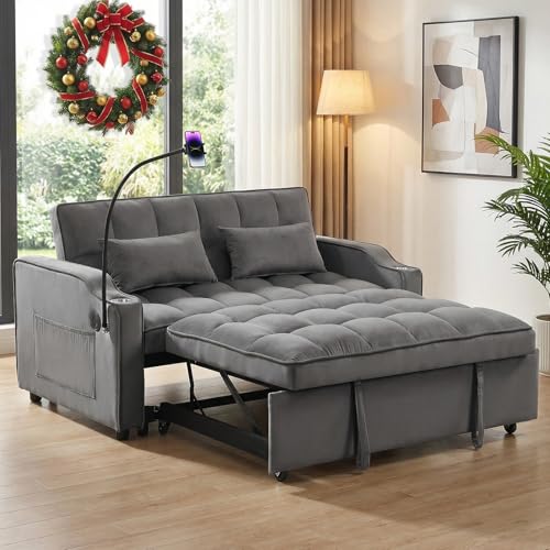3 In 1 Velvet Convertible Sofa Bed, Pull Out Couch Bed with Reclining Backrest And 2 Pillows, 54" Full Size Loveseat Sleeper Sofa Futon Couch Bed, Couches For Small Spaces, Living Room (Dark Gray①) - color: Dark Gray①