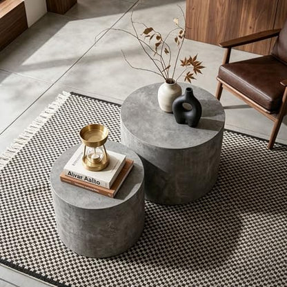Nesting Coffee Table Set of 2, Matte Grey Round Wooden Coffee Tables Modern Circle Center Table for Small Space Living Room Bedroom Accent End Side Table, No Assembling (Stone Gray) - color: 18.9" White