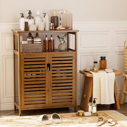 HITNET Bathroom Storage Cabinet, Bamboo Floor Cabinet with Double Doors and Open Shelf, Freestanding Cupboard for Living Room, Kitchen, Entryway, Walnut - color: Walnut
