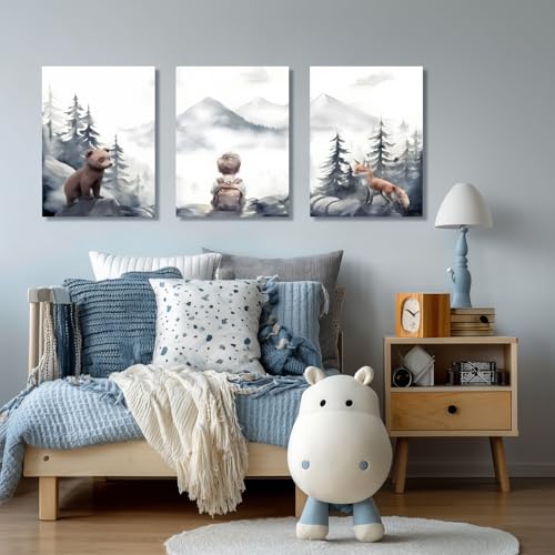 Cyebmo Framed Woodland Boy Nursery Wall Art Set of 3, Whimsical Boy Adventure Wall Decor, Mountain Forest Animal Bear Fox Wrapped Canvas Artwork for Classroom Kids Room Baby Nursery 12"x16"x3 - color: Boy, size: 16"L x 12"W