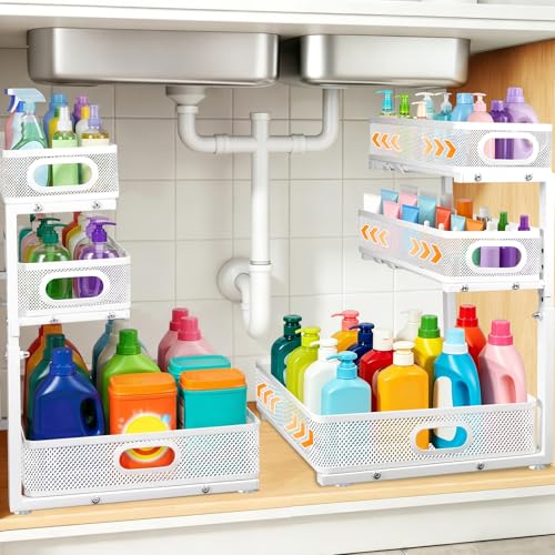 3 Tier Adjustable Under Sink Organizer for Bathroom & Kitchen(2Pack, White) | 35% More Storage, 5 Adjustable Heights, Sliding Pull Out,No Sliding, Heavy-Duty Steel Frame, Multi-Purpose Cabinet Organizer - color: White, size: 2 Pack