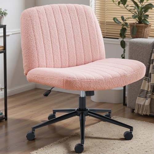 DUMOS Criss Cross Chair, Cross Legged Vanity Chairs with Wheels | Armless Height Adjustable, Wide Seat Swivel, Comfy Teddy Fleece, Home Office Computer Desk Task, Pink Wheel - color: Pink Wheel