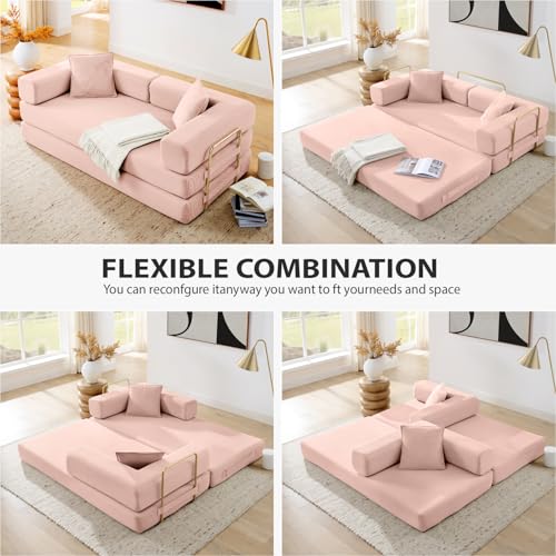 HANXIN Convertible Sleeper Sofa Bed, 78 Inch Folding Floor Mattress Couch with Fixed-Shape Frame, Futon Boneless Couch Lounge Loveseat with Pull Out Bed, No Assembly Required, Pink - color: Pink, size: 78" Loveseat Sofa Bed