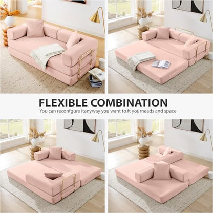 HANXIN Convertible Sleeper Sofa Bed, 78 Inch Folding Floor Mattress Couch with Fixed-Shape Frame, Futon Boneless Couch Lounge Loveseat with Pull Out Bed, No Assembly Required, Pink - color: Pink, size: 78" Loveseat Sofa Bed