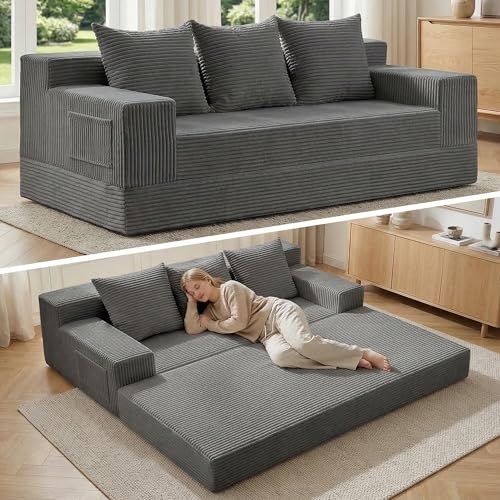 78" Convertible Sofa Bed, Foldable Floor Couch Futon Sofa,High-Density Sponge Boneless Couch, 3 Seater Sleeper Couch with 3 Pillows for Living Room Bedroom Lounge (Grey) - color: Grey, size: 3 Seater