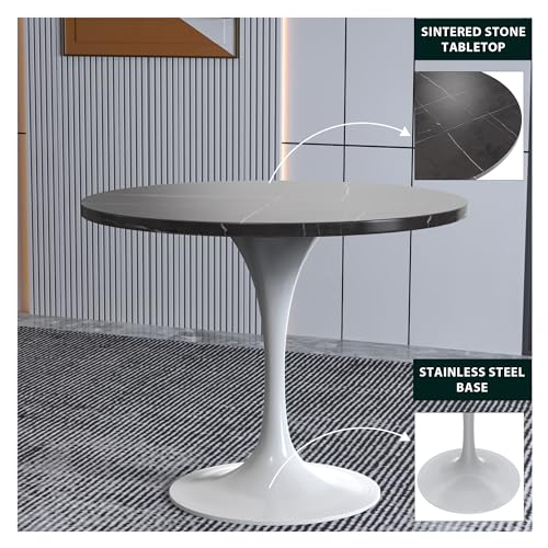 LeisureMod Verve Modern Dining Table with a 36" Round Sintered Stone Tabletop and White Steel Pedestal Base for Kitchen and Dining Room, Black - color: Black Stone, size: 36 inch Wide