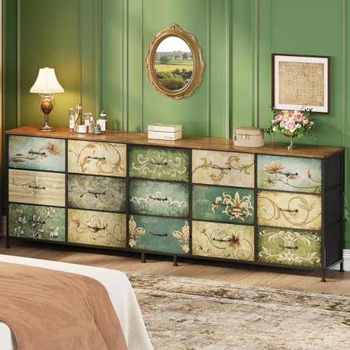 Dresser for Bedroom Chest of Drawers Fabric Dresser for Closet, Nursery Entryway Hall Tree TV Stand for Living Room Retro Floral Pattern Wooden Top (15 Drawers) - size: 13"D x 78.7"W x 26.8"H (15 Drawers)