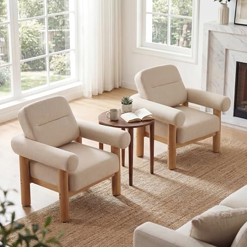 HNY Set of 2 Mid-Century Chenille Barrel Chair, Khaki | Comfy Round Upholstered Armchair, Solid Wood Frame With Open Back, Lounge Side Club Chair - color: Khaki, size: 2