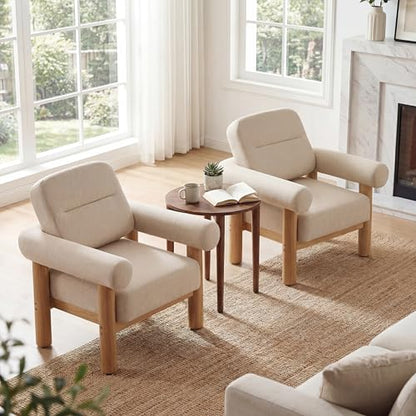 HNY Set of 2 Mid-Century Chenille Barrel Chair, Khaki | Comfy Round Upholstered Armchair, Solid Wood Frame With Open Back, Lounge Side Club Chair - color: Khaki, size: 2