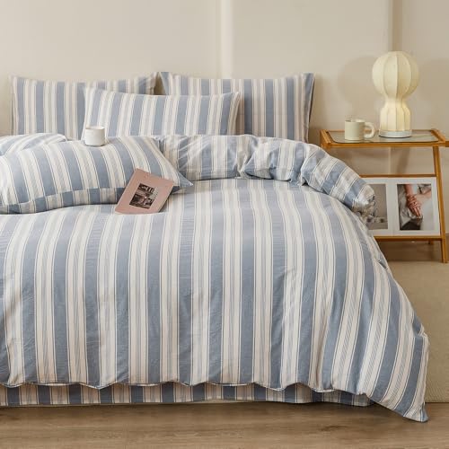 Blue Striped Duvet Cover Set Twin, 100% Washed Cotton Chic Stripes Pattern Printed Bedding Set Twin, 3 Pieces Soft Breathable Duvet Cover Farmhouse Retro Striped Comforter Cover with Zipper Closure - color: 08# Blue Striped, size: Twin(68"x86")