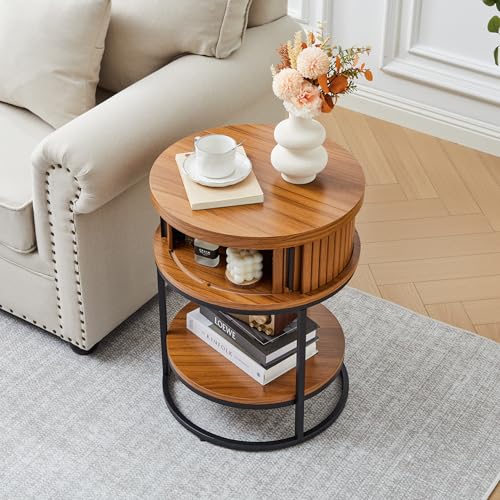 Turtle&Myrtle Small Round Side Table with Storage, 2-Tier Wooden End Table with Sliding Door and Shelf, Mid-Century Circle Nightstand for Living Room, Bedroom, Walnut - style: Mid-Century Modern