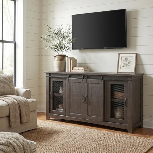 Martin Svensson Home Rustic 65" Wood Entertainment Center, Gray | Solid Pine, TV Stand, Sliding Doors, Adjustable Shelves & Cable Management, for TVs up to 70" - color: Grey