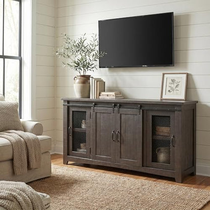 Martin Svensson Home Rustic 65" Wood Entertainment Center, Gray | Solid Pine, TV Stand, Sliding Doors, Adjustable Shelves & Cable Management, for TVs up to 70" - color: Grey