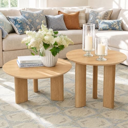 Nesting Coffee Table Set of 2, Wood Look, Round Side Tables | 1.2" Thick Top, Versatile Nesting Tables for Living Room, Apartment, or Office. Sturdy MDF, Space-saving Design - color: Natural Wood