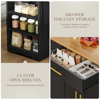DWVO Large Kitchen Island with Trash Can Cabinet | 53 Inch Kitchen Island on Wheels, Rolling Island with Tilt‑Out Garbage Storage Fits 13 Gallon Bin, Spice Rack - color: Black