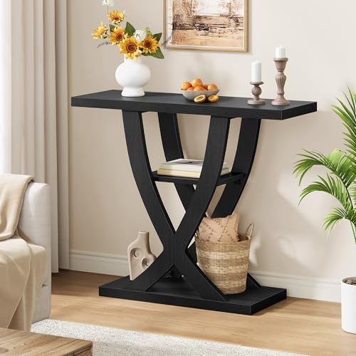 FAVOOSTY Entryway Table, 3 Tier Hallway Table, Console Tables for Living Room, Narrow Entrance Table with Storage, Sofa Table Behind Counch, Accent Table for Entry Foyer, Black - color: Black