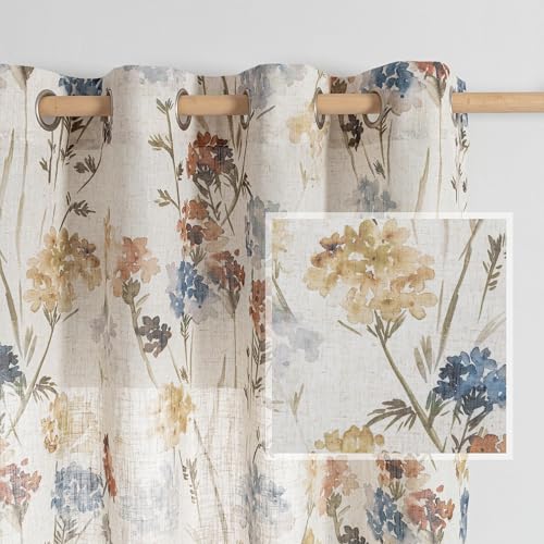 MYSKY HOME Floral Linen Curtains 84 inch Length 2 Panels Set Summer Flower Patterned Semi Sheer Light Filtering Privacy Farmhouse Grommet Drapes for Living/Dining Room, Yellow, W52 x L84, Pack-2 - color: A-yellow, size: 52"W x 84"L (Pack of 2)