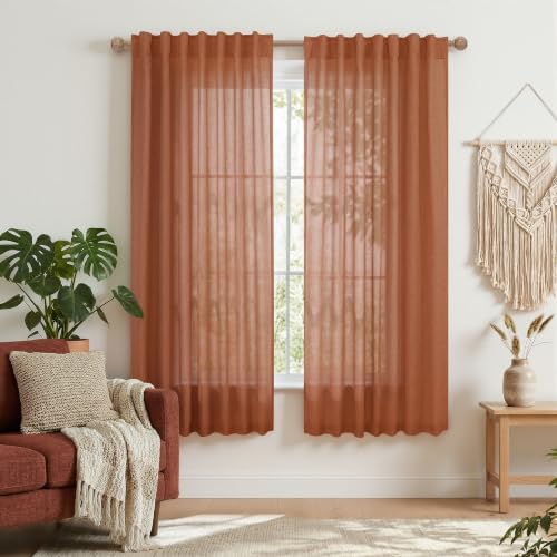 Linen Curtains 63 Inch Length for Bedroom, Terracotta Fall Boho Farmhouse Antique Semi Sheer Light Filtering Curtain Drapes 2 Panel Set for Living Dining Room, Rust Terra Cotta Autumn Decor - color: Terracotta, size: 52"W x 63"L (Pack of 2)