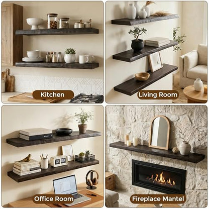 Dreamland 40 Inch Long Floating Shelves Set of 2, Rustic Solid Elm Wood Live Edge Floating Shelf Wall Mounted, 8 Inch Deep Wooden Wall Shelves for Living Room, Bedroom, Bathroom, Kitchen, Walnut - color: Walnut, size: Live Edge - 40"L