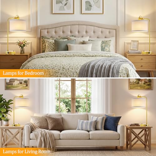 Gold Table Lamp Set of 2, USB A+C, 180° Adjustable Bedside Lamps, Dimmable | Bare Bulb Compatible, Industrial Nightstand Lamp with Linen Lampshade, LED Bulbs Included, Desk Lamp for Bedroom, Living Room - color: Gold-A