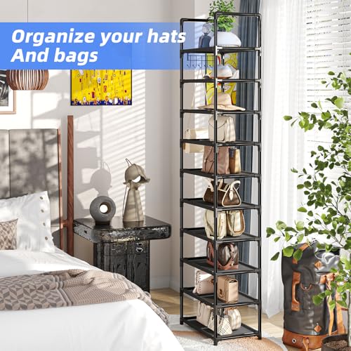 Simple Trending 10 Tiers Tall Shoe Rack for Closet, Black | Narrow Shoe Shelf, Holds 20 Pairs, Shoe Organizer Storage, With Hooks - size: 10 Tiers Narrow, Black